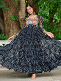 Sweet Black Georgette Bandhani Printed Navratri Wear Layered Gown