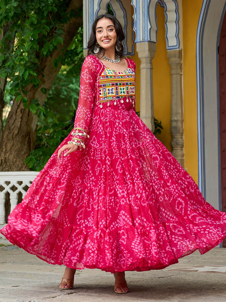 Impressive Rani Pink Kutchi Patch Work Georgette Layered Gown