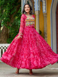 Impressive Rani Pink Kutchi Patch Work Georgette Layered Gown