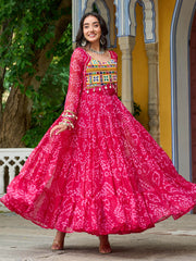 Impressive Rani Pink Kutchi Patch Work Georgette Layered Gown