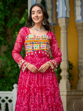 Impressive Rani Pink Kutchi Patch Work Georgette Layered Gown