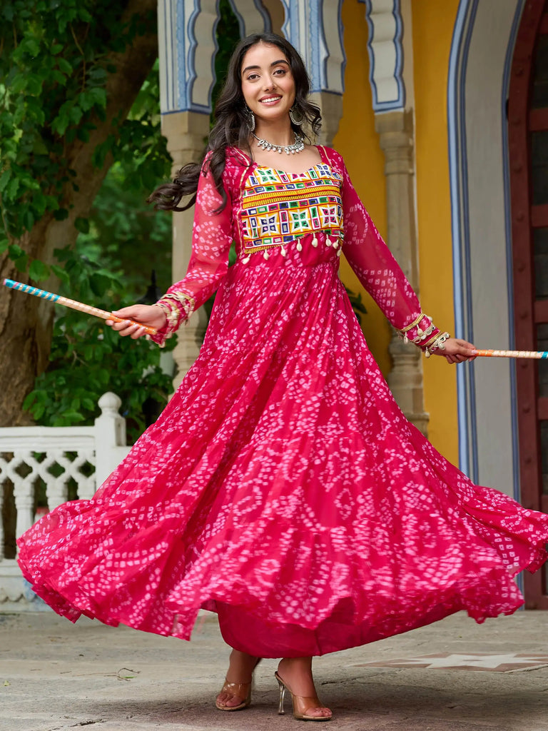 Impressive Rani Pink Kutchi Patch Work Georgette Layered Gown