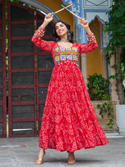 Elegant Red Georgette Kutchi Work Navratri Wear Layered Gown