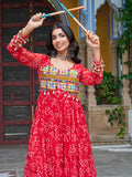 Elegant Red Georgette Kutchi Work Navratri Wear Layered Gown