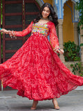 Elegant Red Georgette Kutchi Work Navratri Wear Layered Gown