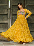 Captivating Yellow Georgette Bandhani Printed Navratri Special Gown