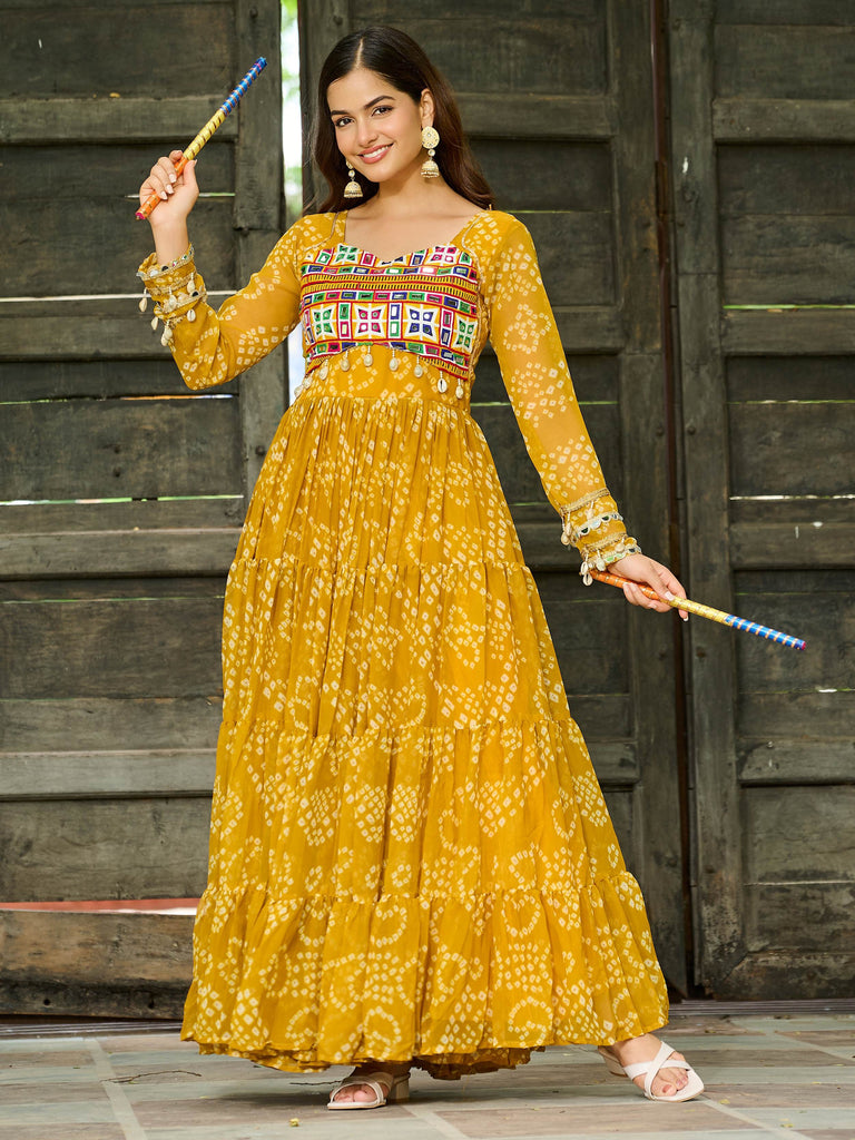 Captivating Yellow Georgette Bandhani Printed Navratri Special Gown