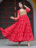 Elegant Red Georgette Kutchi Work Navratri Wear Layered Gown