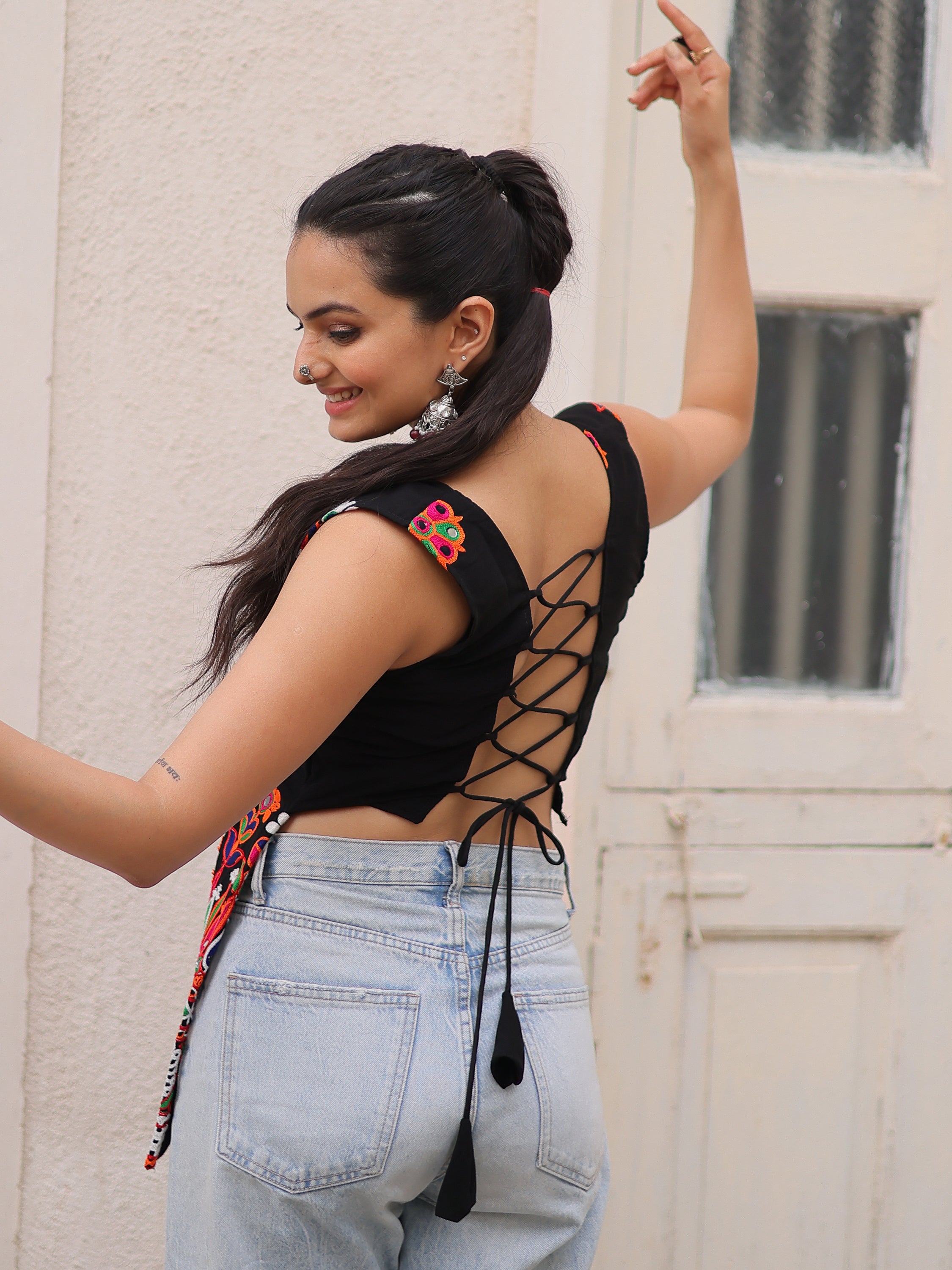Classic Black Gamthi Work Georgette Navratri Special Top