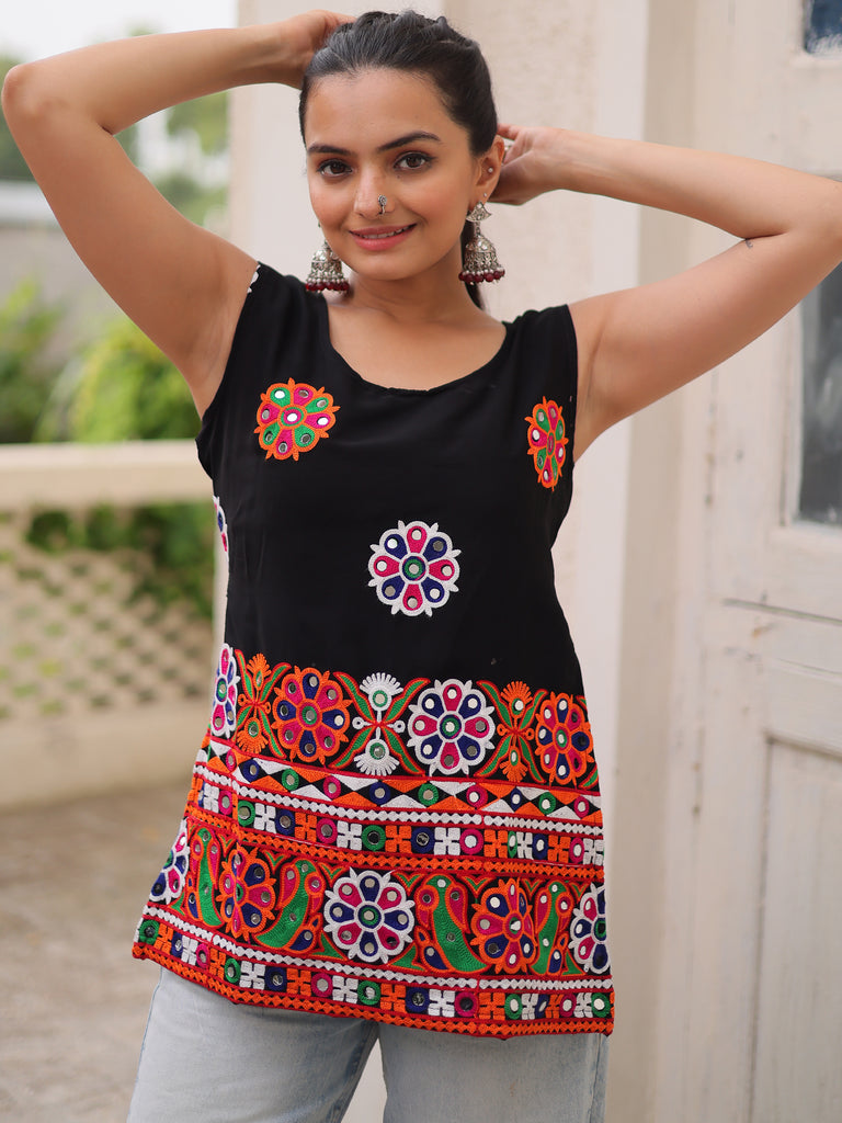 Alluring Black Kutchi Work Georgette Navratri Special Top
