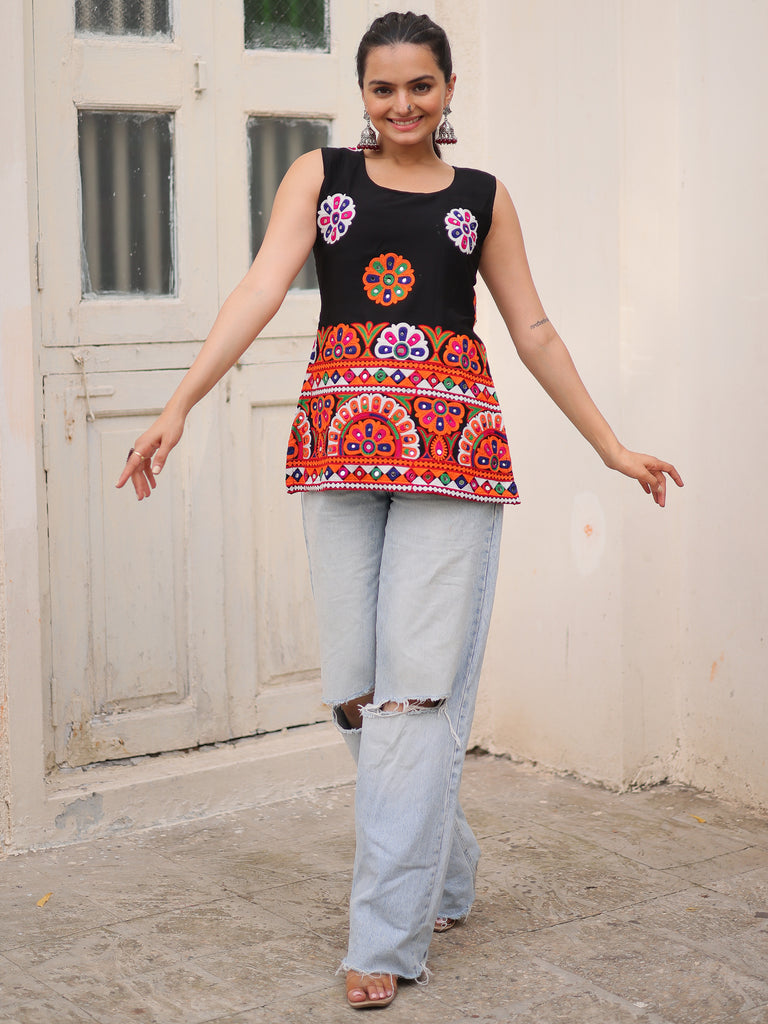 Alluring Black Kutchi Work Georgette Navratri Special Top