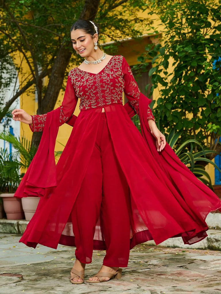 Stunning Maroon Beads Work Georgette Festive Wear Salwar Kameez 