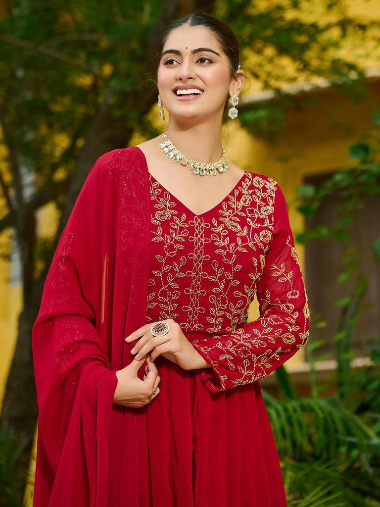 Stunning Maroon Beads Work Georgette Festive Wear Salwar Kameez 