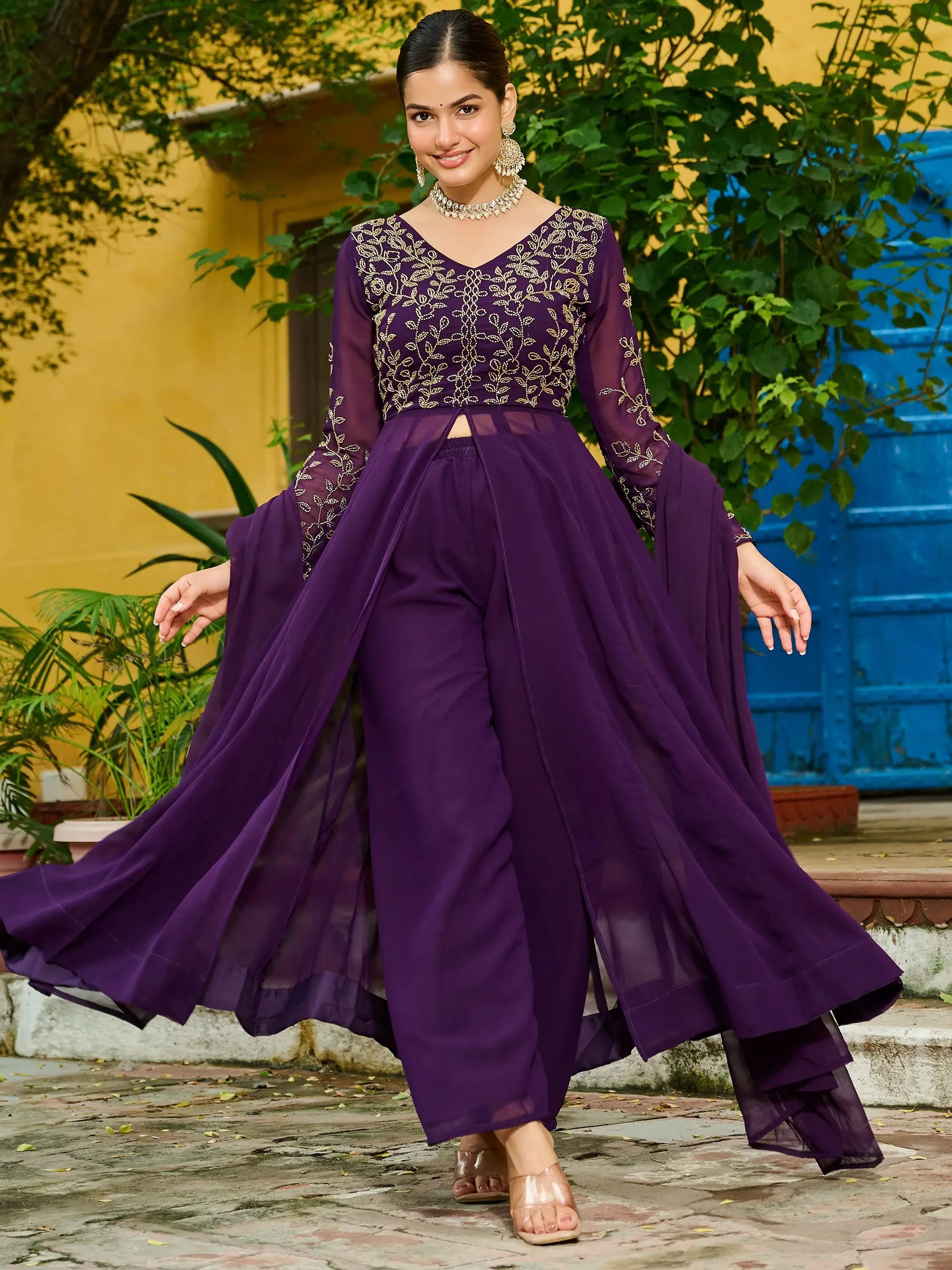 Elegant Purple Thread Embroidered Georgette Festive Wear Salwar Kameez 