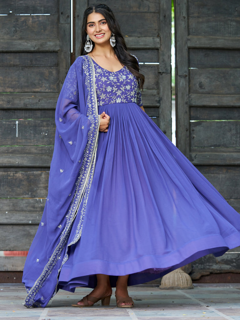 Attractive Blue Sequins Georgette Festive Wear Gown With Dupatta