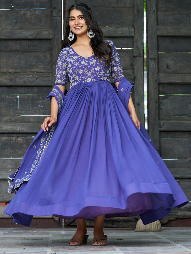 Attractive Blue Sequins Georgette Festive Wear Gown With Dupatta