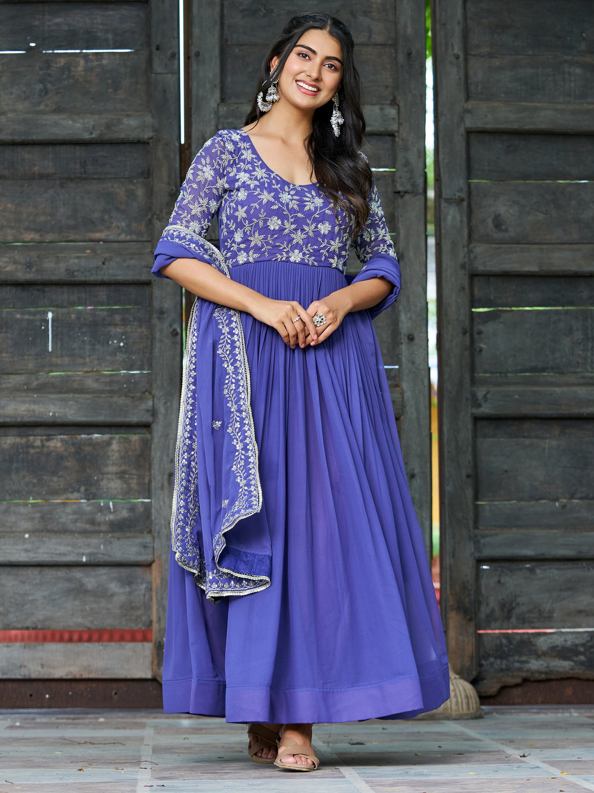 Attractive Blue Sequins Georgette Festive Wear Gown With Dupatta