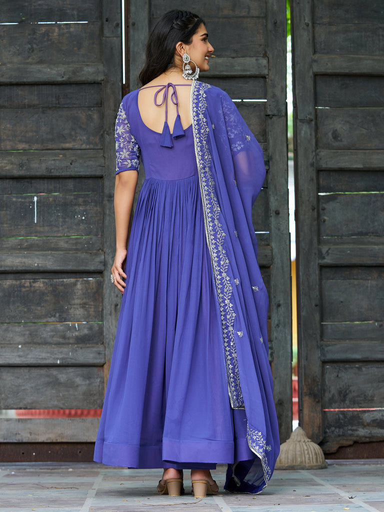 Attractive Blue Sequins Georgette Festive Wear Gown With Dupatta