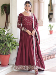 Awesome Maroon Sequins Embroidered Silk Festive Wear Gown