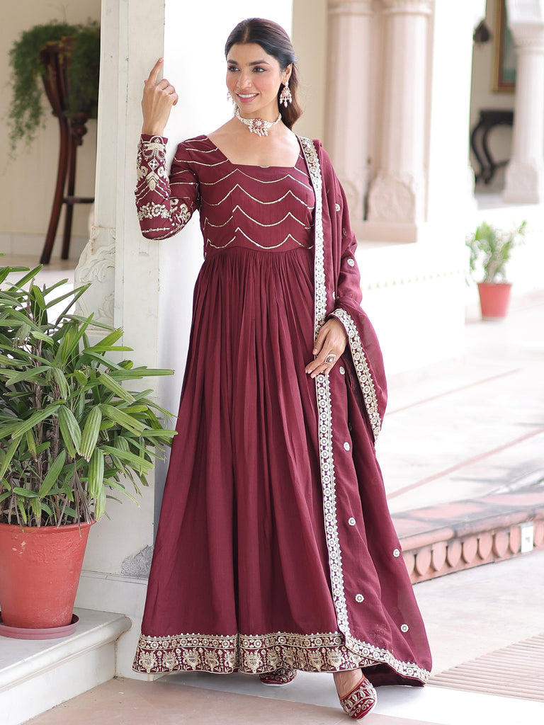 Awesome Maroon Sequins Embroidered Silk Festive Wear Gown
