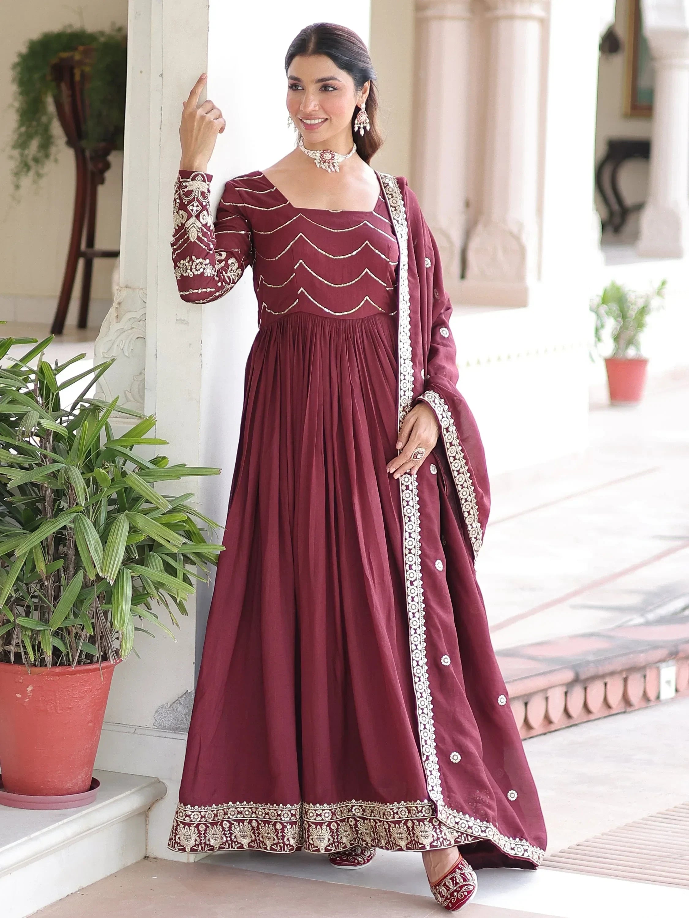 Awesome Maroon Sequins Embroidered Silk Festive Wear Gown