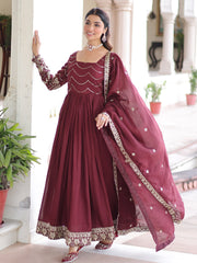 Awesome Maroon Sequins Embroidered Silk Festive Wear Gown