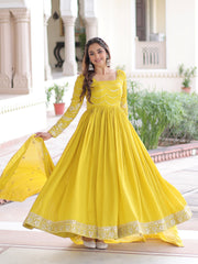 Charming Yellow Sequins Embroidered Silk Festive Wear Gown