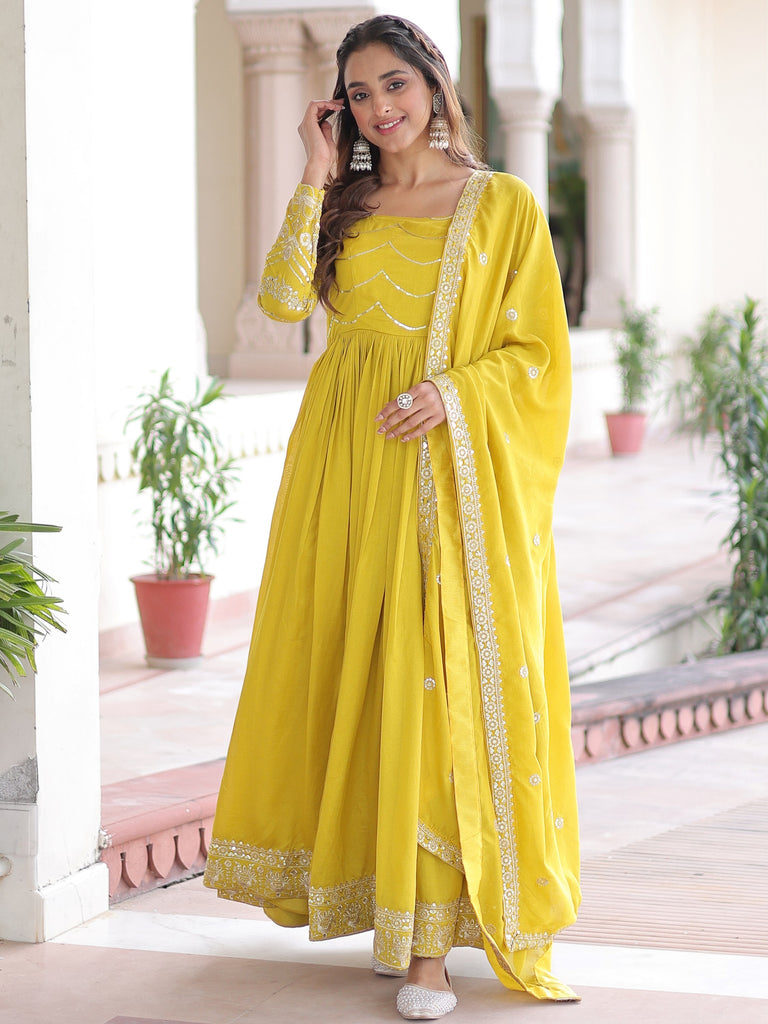 Charming Yellow Sequins Embroidered Silk Festive Wear Gown