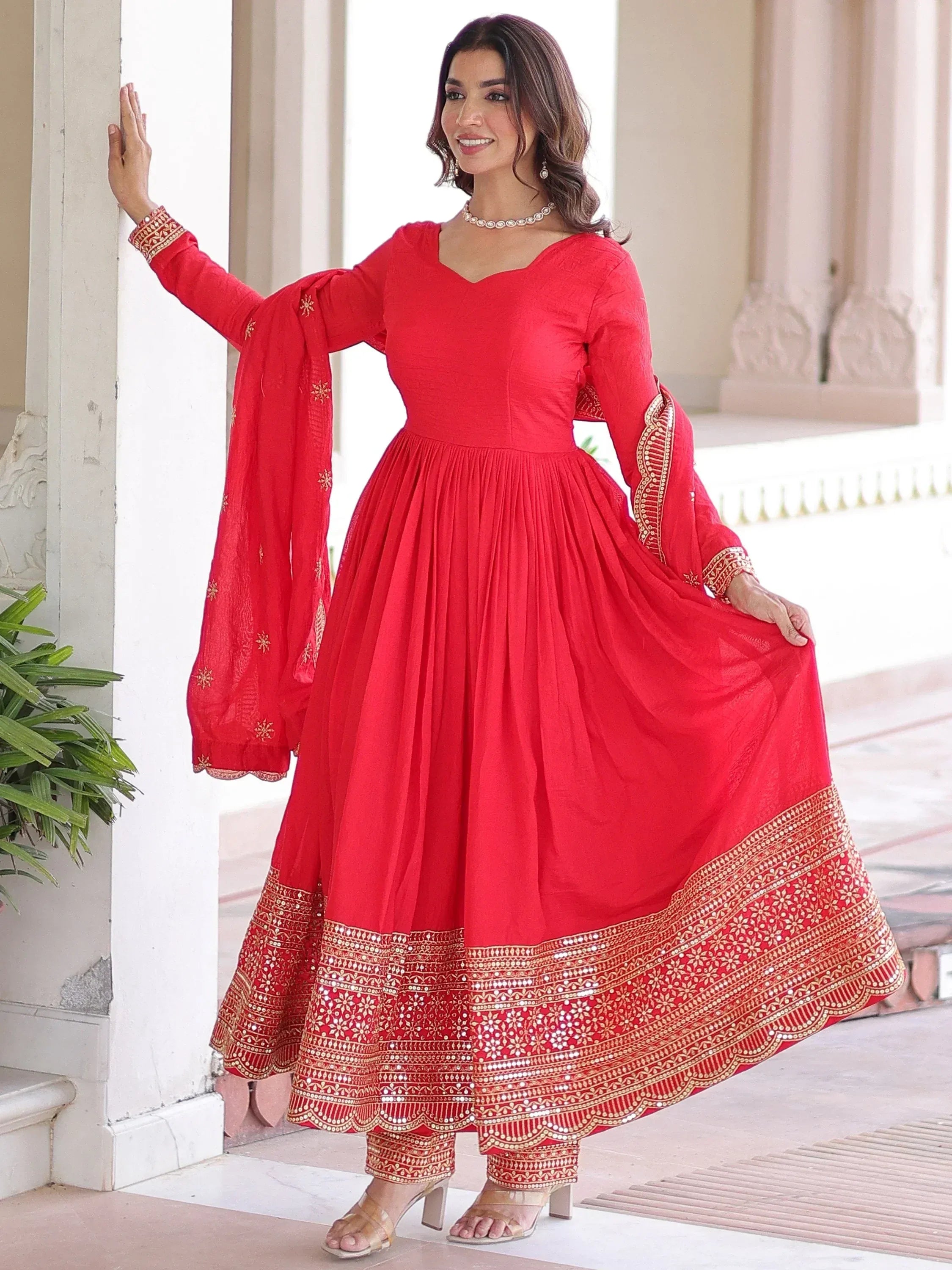 Impressive Red Sequins Embroidered Silk Festive Wear Anarakali Suit