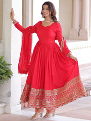 Impressive Red Sequins Embroidered Silk Festive Wear Anarakali Suit