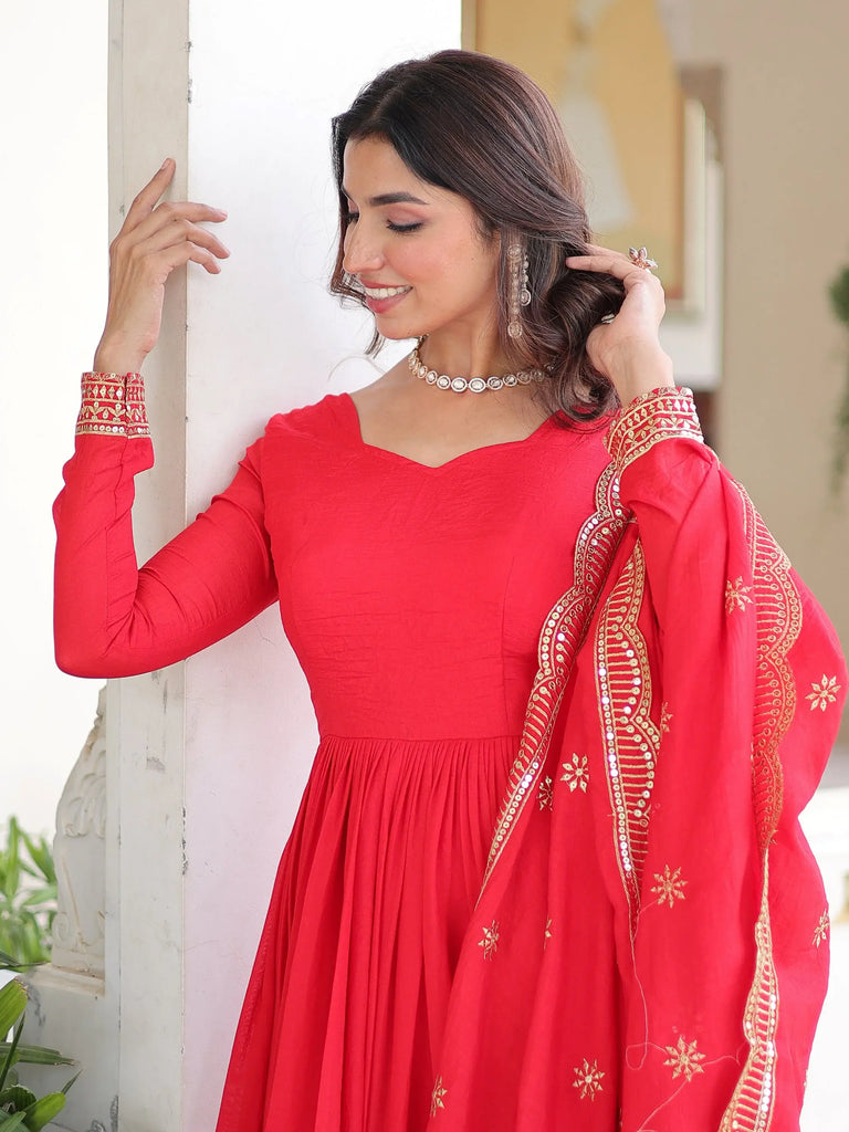 Impressive Red Sequins Embroidered Silk Festive Wear Anarakali Suit