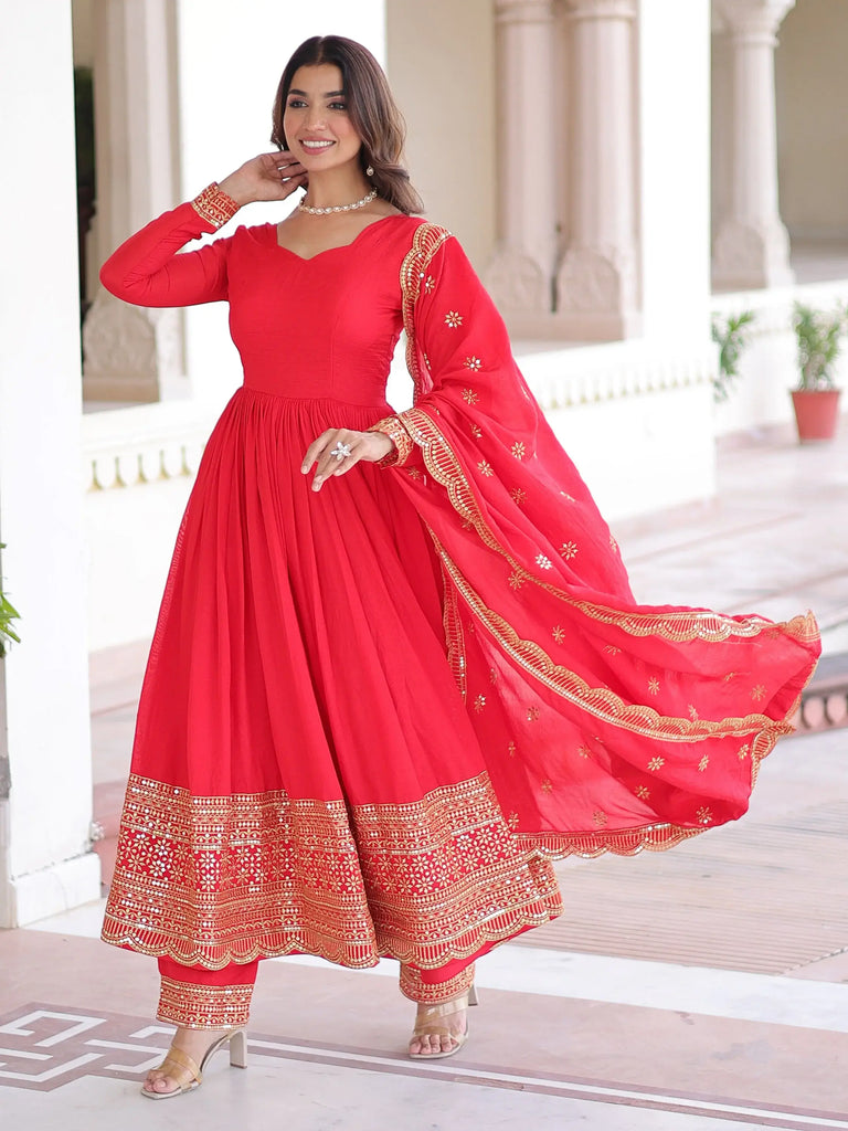 Impressive Red Sequins Embroidered Silk Festive Wear Anarakali Suit