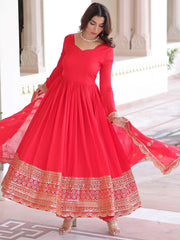 Impressive Red Sequins Embroidered Silk Festive Wear Anarakali Suit