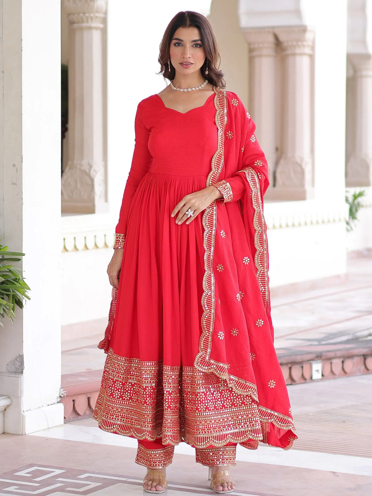 Impressive Red Sequins Embroidered Silk Festive Wear Anarakali Suit