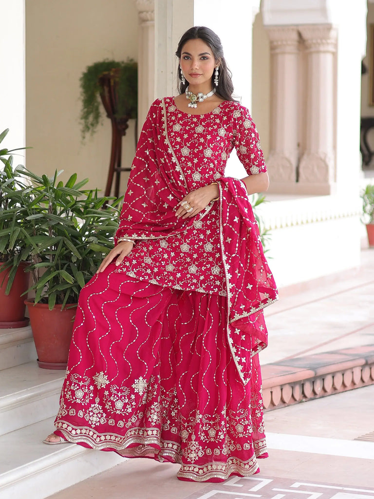 Pretty Pink Georgette Sequins Embroidered Festive Wear Sharara Suit 