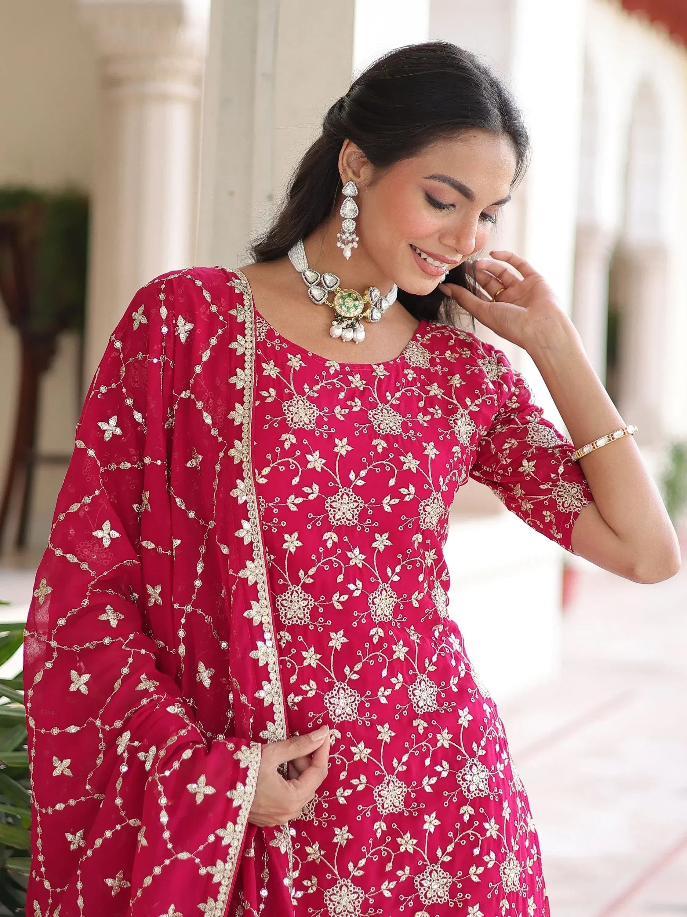 Pretty Pink Georgette Sequins Embroidered Festive Wear Sharara Suit 