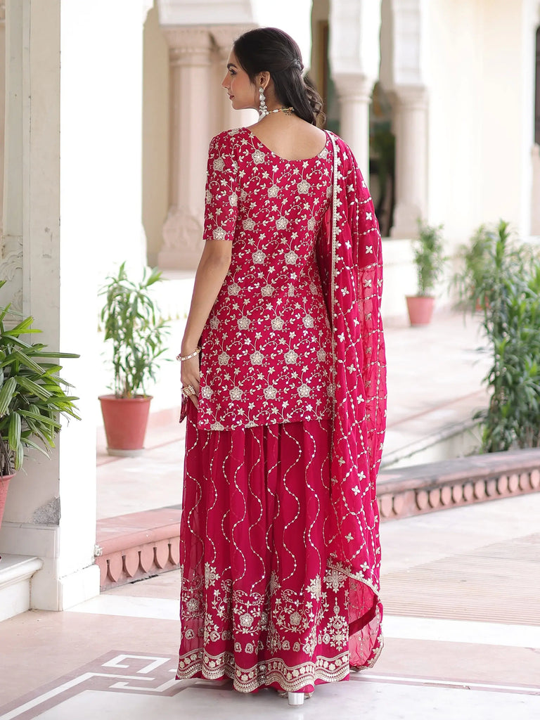 Pretty Pink Georgette Sequins Embroidered Festive Wear Sharara Suit 