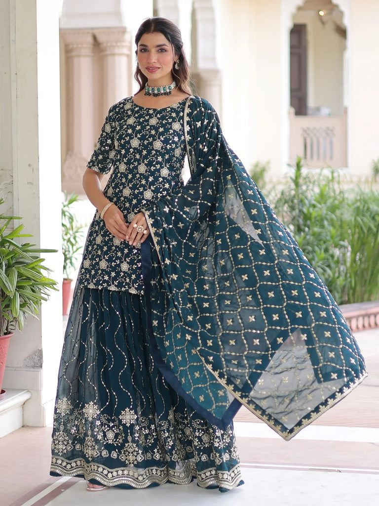 Lovely Blue Georgette Sequins Embroidered Wedding Wear Sharara Suit 