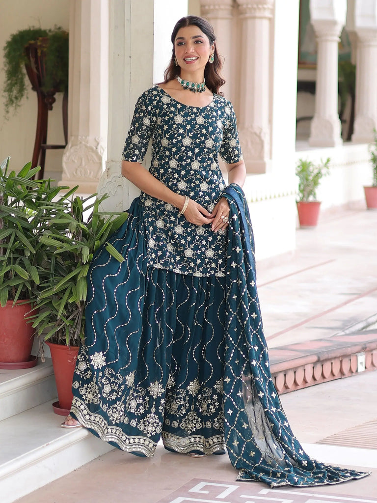 Lovely Blue Georgette Sequins Embroidered Wedding Wear Sharara Suit 
