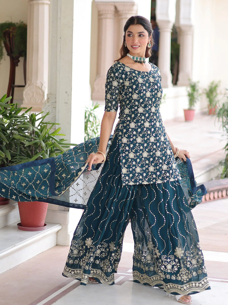 Lovely Blue Georgette Sequins Embroidered Wedding Wear Sharara Suit 