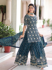 Lovely Blue Georgette Sequins Embroidered Wedding Wear Sharara Suit 