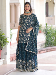 Lovely Blue Georgette Sequins Embroidered Wedding Wear Sharara Suit 
