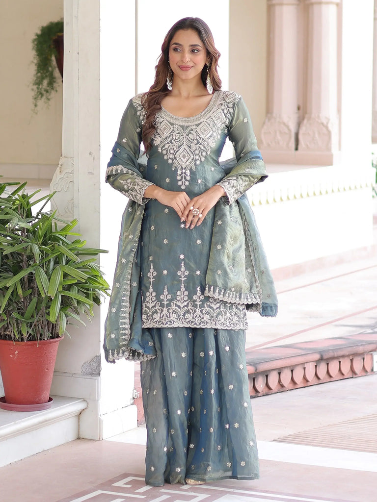 Gorgeous Grey Sequins Embroidered Organza Festive Wear Sharara Suit
