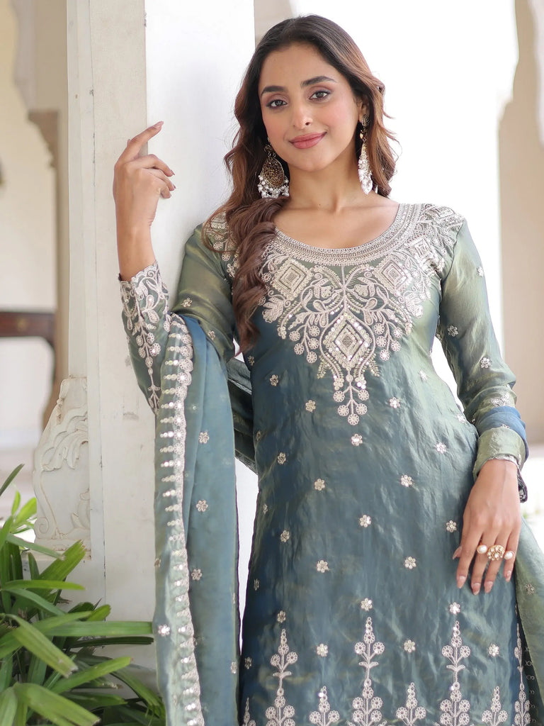 Gorgeous Grey Sequins Embroidered Organza Festive Wear Sharara Suit