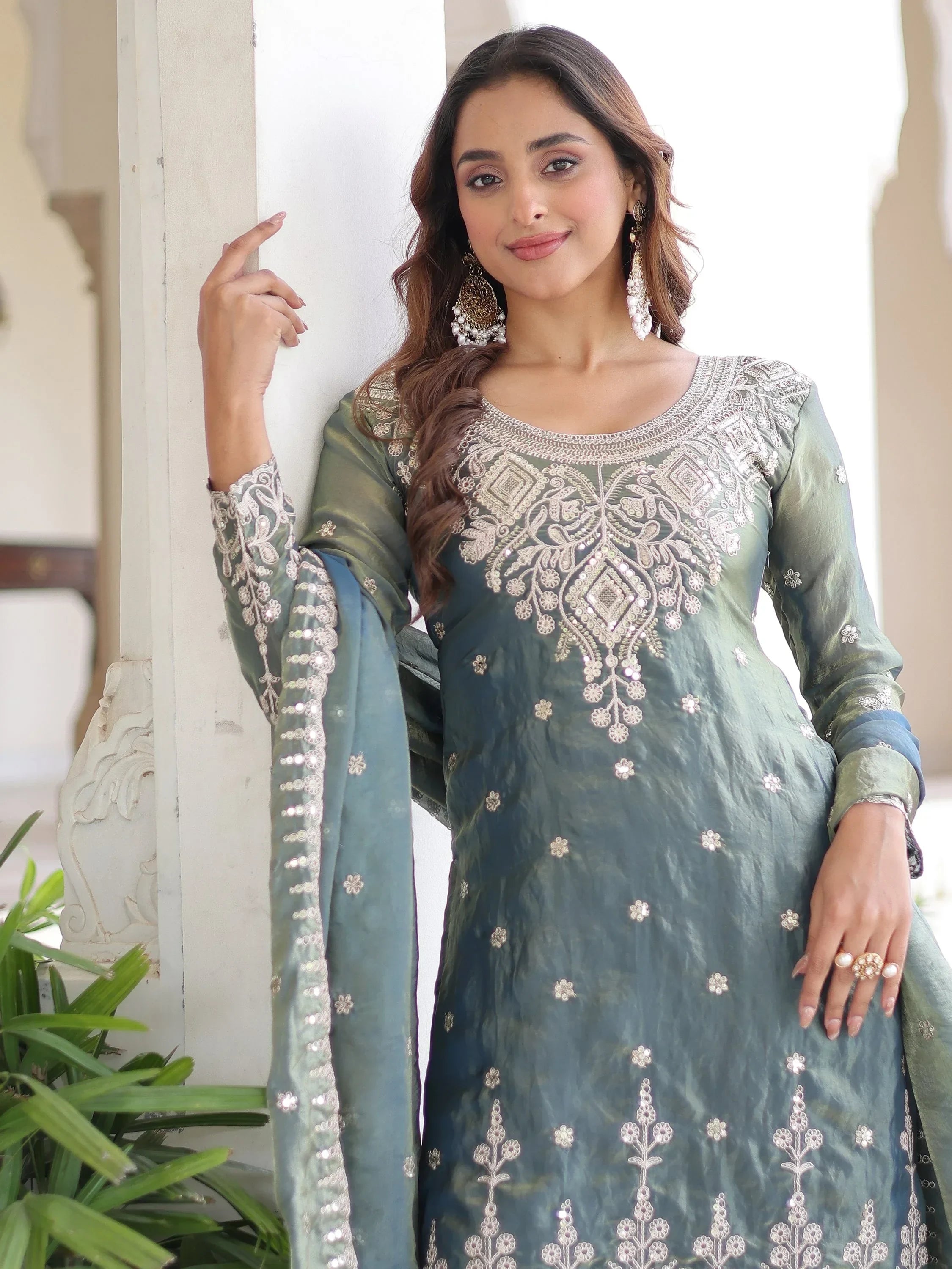Gorgeous Grey Sequins Embroidered Organza Festive Wear Sharara Suit