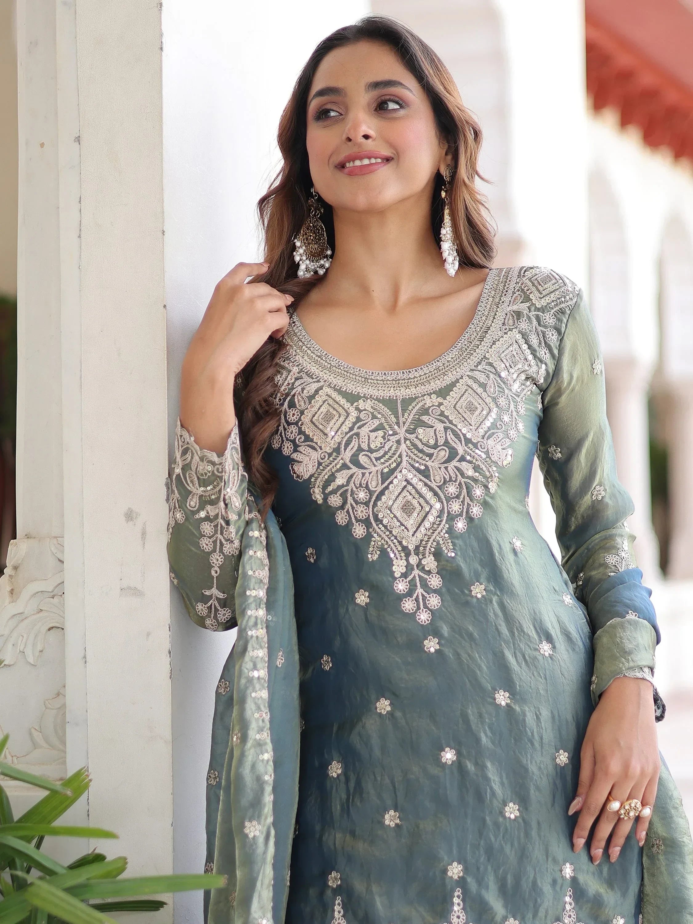 Gorgeous Grey Sequins Embroidered Organza Festive Wear Sharara Suit