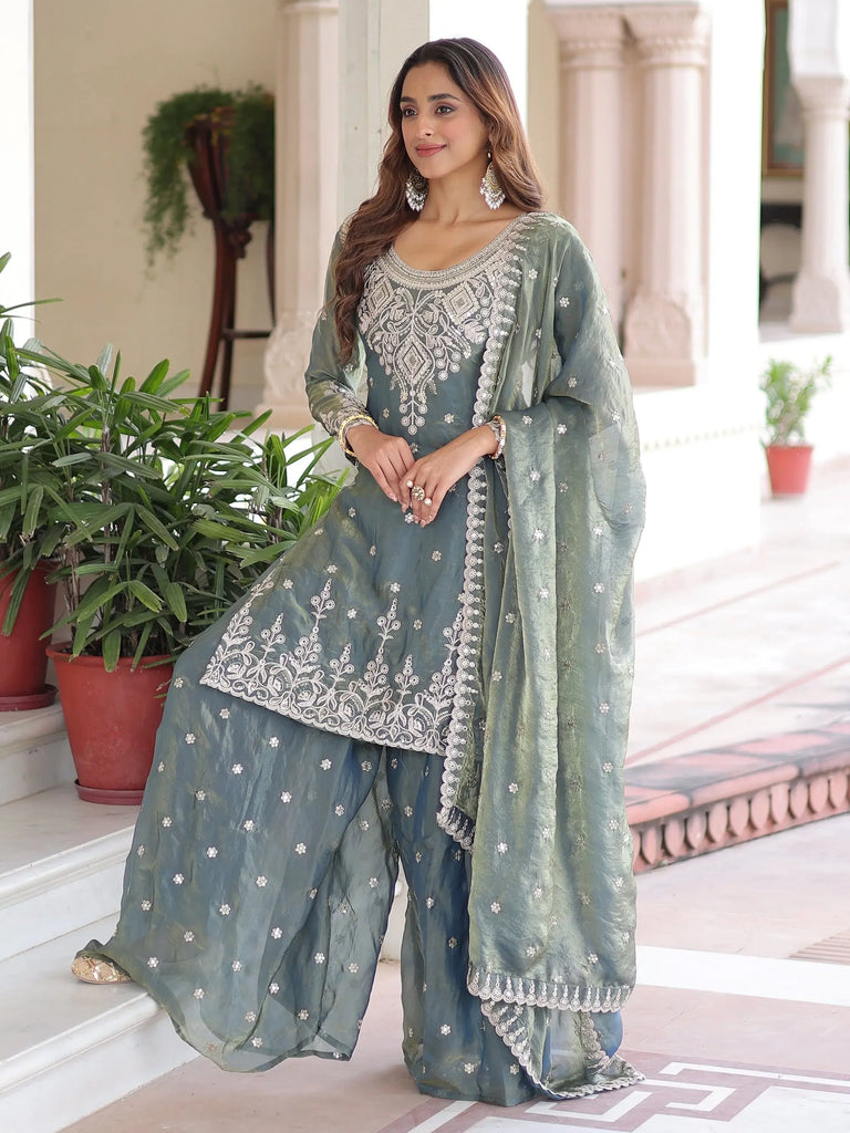Gorgeous Grey Sequins Embroidered Organza Festive Wear Sharara Suit