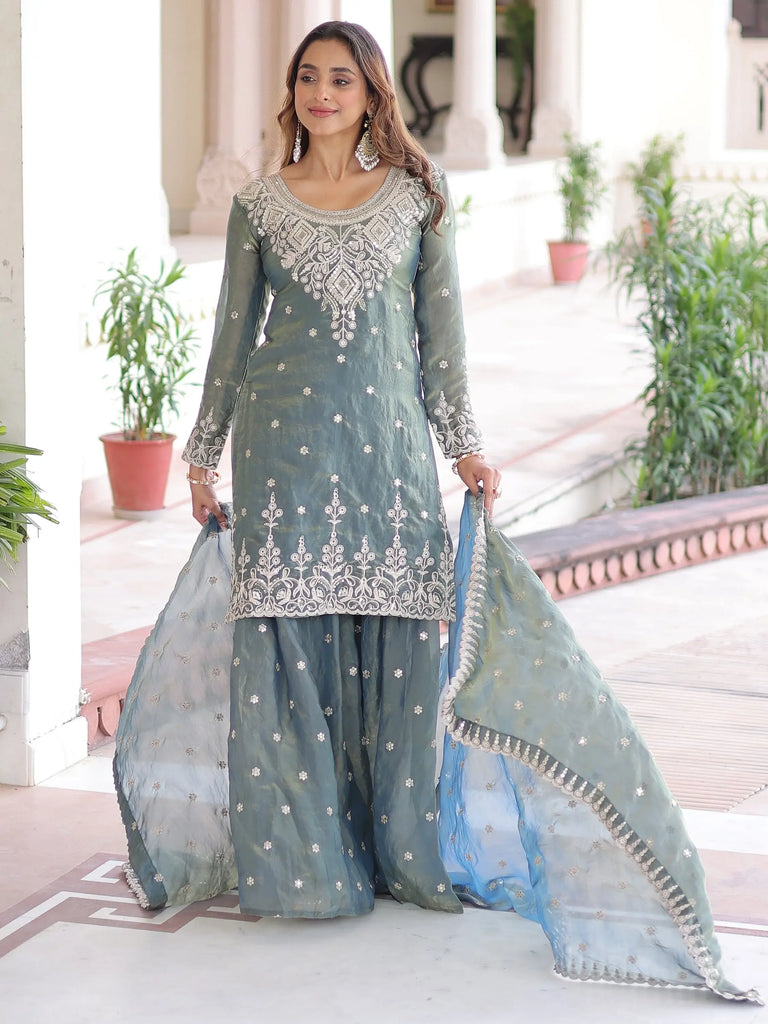 Gorgeous Grey Sequins Embroidered Organza Festive Wear Sharara Suit