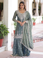 Gorgeous Grey Sequins Embroidered Organza Festive Wear Sharara Suit