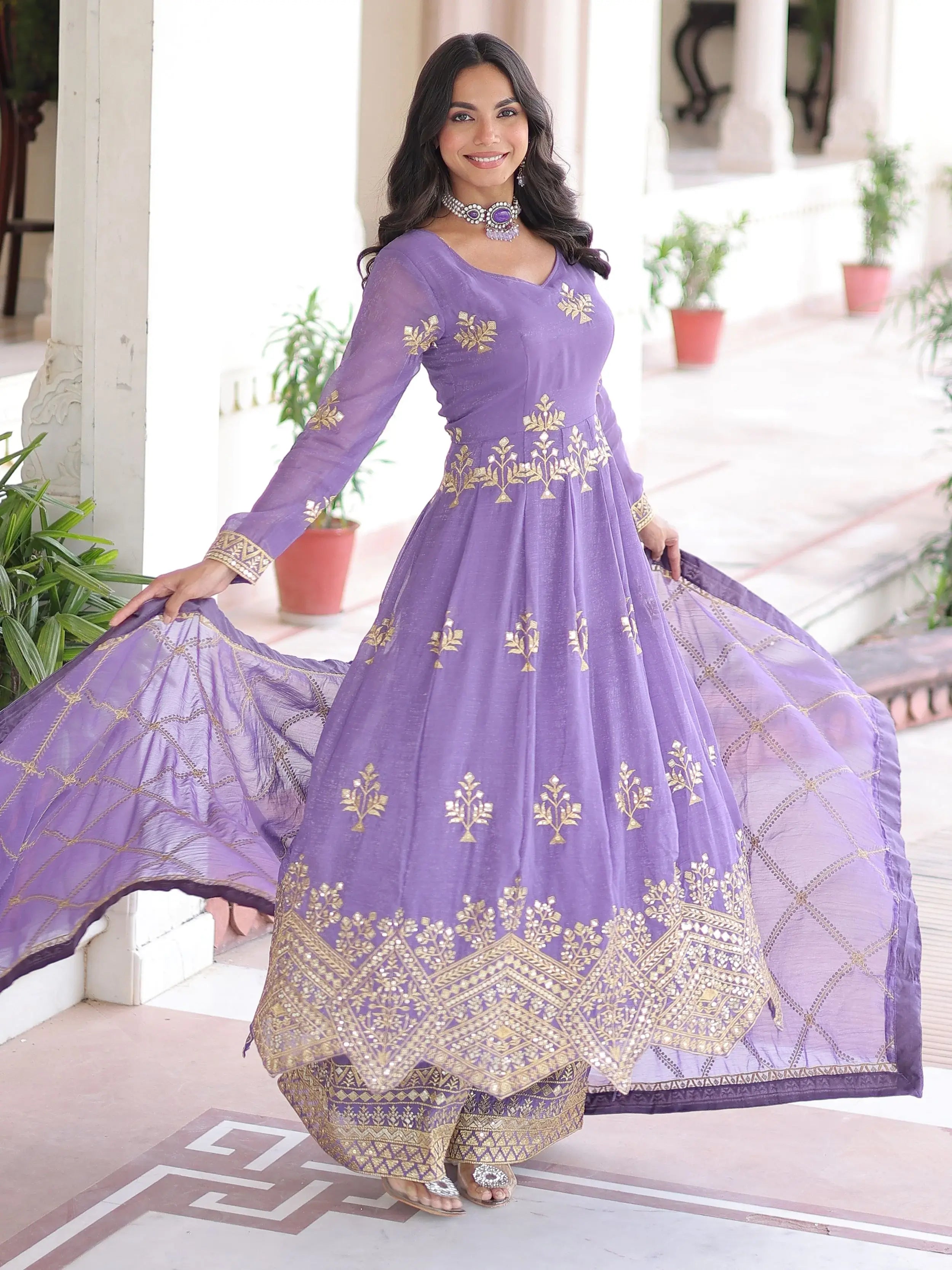 Wonderful Lavender Embroidered Organza Festive Wear Salwar Suit